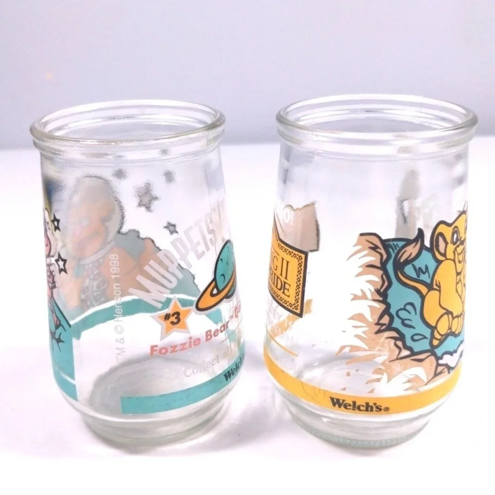 VTG 1998 Welchs Jelly Jar Glasses Lion King II Simba Muppet In Space Fozzie Bear